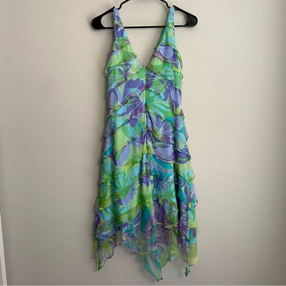 Tadashi Shoji Y2K Floral Tiered Ruffle Silk Watercolor Sleeveless Dress - Picture 7 of 11